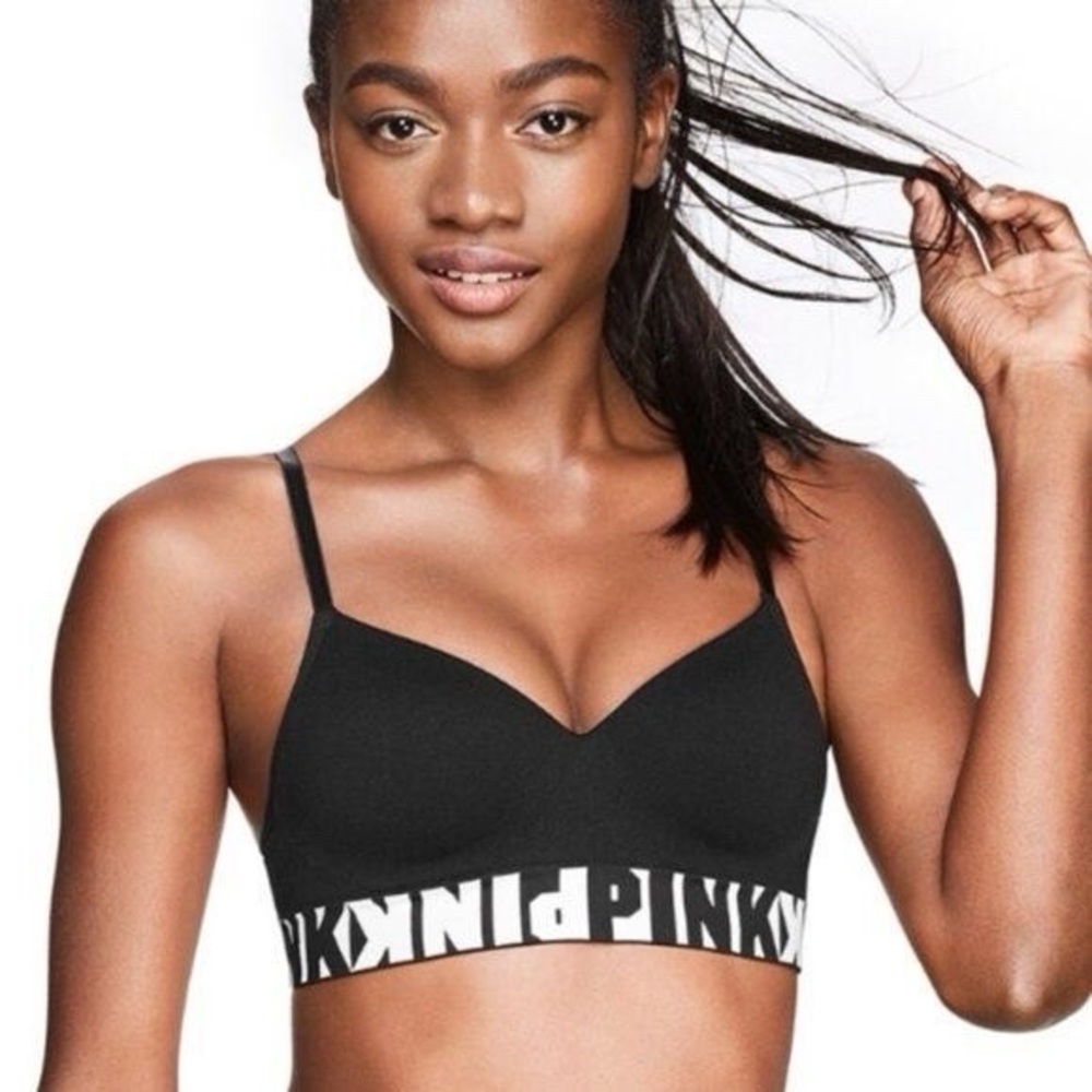 Victoria’s Secret Pink Cool and Comfy Black White Logo Band Wireless Push Up Bra